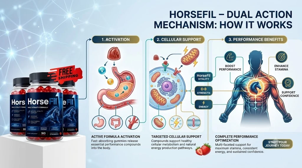 HorseFil dual action mechanism diagram: formula activation in the digestive system, targeted cellular support, and performance benefits including stamina and energy